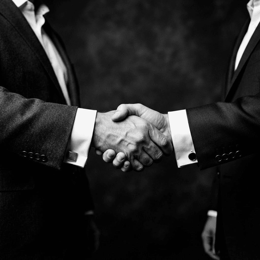 A firm handshake between two business professionals, close up in dramatic lighting
