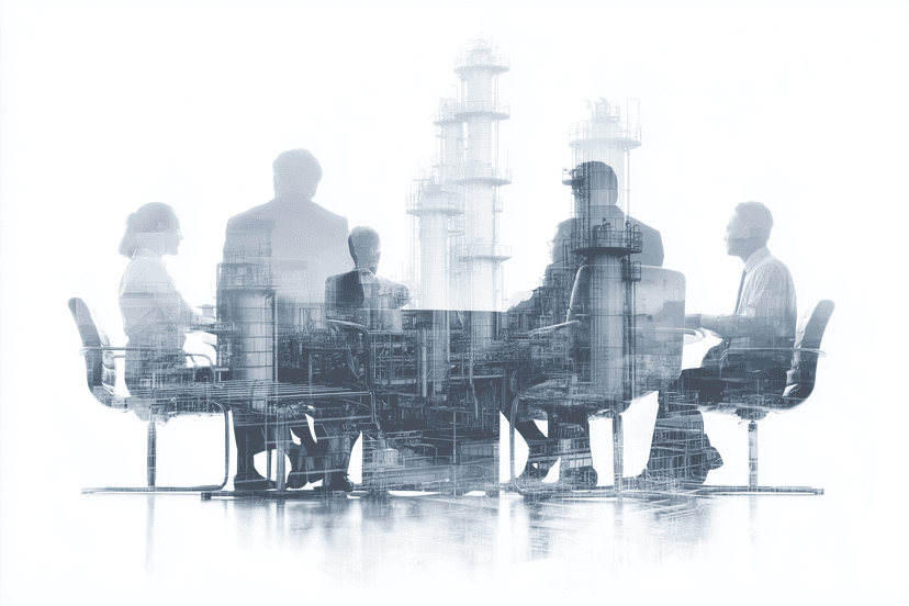 Business meeting with industrial overlay representing comprehensive A/R management